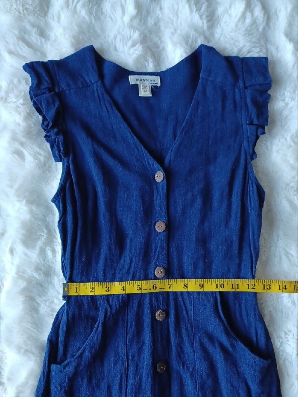 Monteau Navy Button-Front Ruffle-Sleeve Dress - Picture 7 of 9